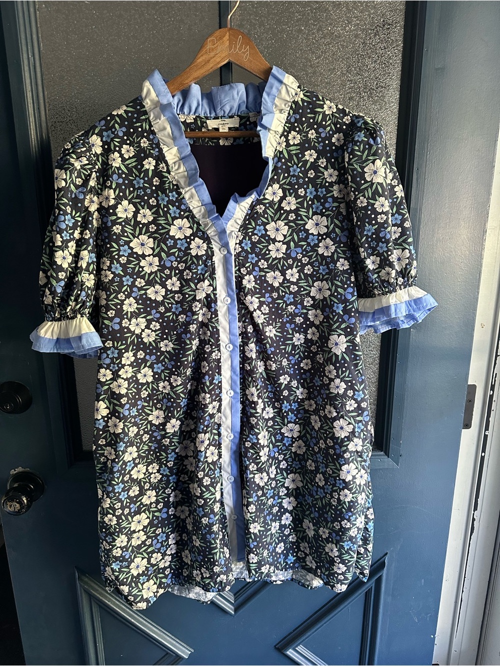 Floral Ruffle-Trim Button-Down Dress
